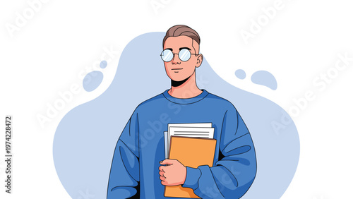 Young man with a stylish haircut and glasses wearing a blue sweatshirt while holding a folder and several documents, looking confident.