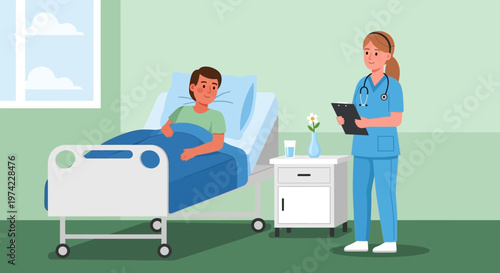 Nurse checks on patient in hospital bed, bedside table with flowers and water