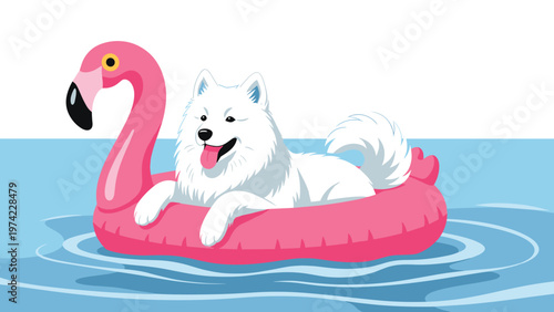 Adorable white Samoyed dog enjoying a sunny day floating on a large pink flamingo inflatable in the blue water of a swimming pool.