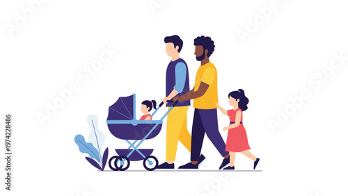 Happy diverse family consisting of two fathers and two young children walking together with a baby stroller, celebrating modern family life.