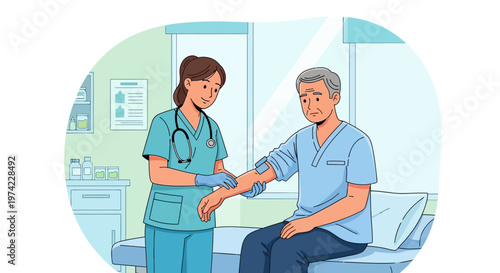 Nurse checks elderly man's blood pressure in clinic exam room