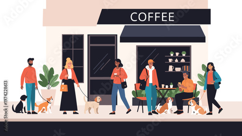 Lively city street scene with a diverse group of people walking their dogs and sitting at tables outside a neighborhood coffee shop.