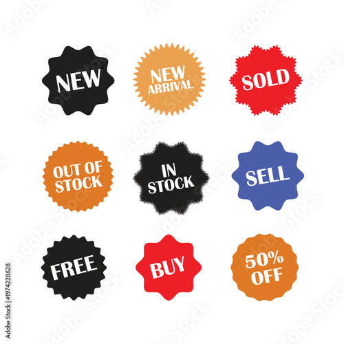Collection of colorful product status and promotional stickers for retail and e-commerce use