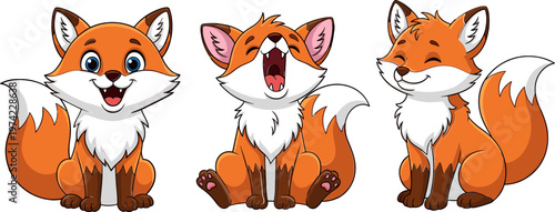 Cartoon Fox Vector Set Featuring Happy, Yawning, and Smiling Foxes for Animal, Nature, and Kid’s Illustration Designs