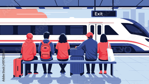 Group of diverse passengers sitting on bench waiting at modern railway station platform while high speed train arrives at terminal.