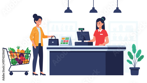 Young woman at a supermarket checkout paying for groceries with a smartphone as a friendly female cashier scans items behind the counter.