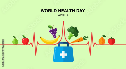 World Health Day April 7: Healthy Food, ECG, Medical Kit, Fruits, Vegetables, Green Background