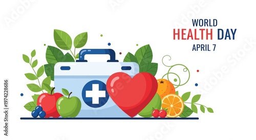 World Health Day April 7: Healthy Lifestyle, Medical Kit, Heart, Fruits, Leaves