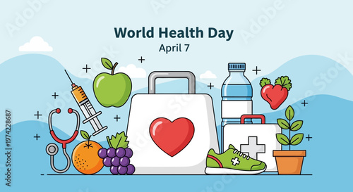 World Health Day April 7: Healthy Lifestyle Icons, Medical Kit, Fruits, Vegetables, and Sports Shoe
