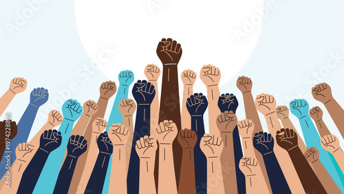 Diverse group of people raising their fists in a powerful gesture of unity and solidarity for social justice and equality.