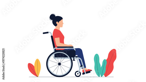 Empowered young woman in modern wheelchair sitting confidently against white background with decorative colorful leaf shapes at her side.