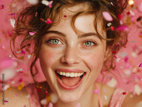 Smiling young woman celebrating against a background of sparkles