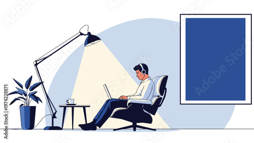 Professional man sitting in a cozy armchair while working on his laptop under a warm desk lamp in a modern home office.