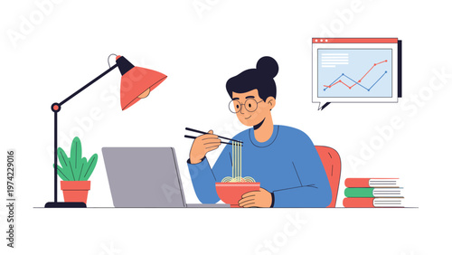Busy female professional eating instant noodles while working late on business data analysis and financial charts in home office.