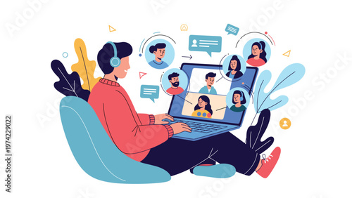 Man wearing headphones and smiling during a crowded online video conference with multiple participants on his laptop screen.