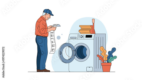Concerned man standing in front of a washing machine while reviewing a long bill or technical instruction manual.