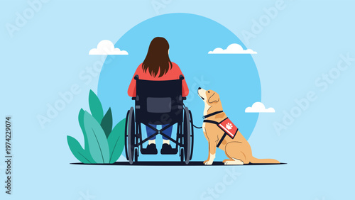 Woman sitting in a wheelchair and accompanied by her loyal service dog while looking at a blue circular background.