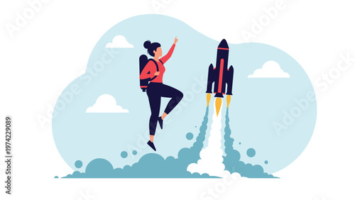 Ambitious young woman using jetpack to fly high while space rocket launches in background symbolizing rapid career growth and success.