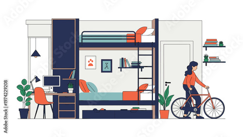 Student living in modern small apartment with bunk beds and dedicated workspace area while preparing for bicycle commute.