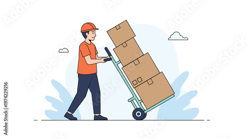 Professional delivery man wearing safety helmet and orange uniform pushing trolley with stacked cardboard boxes for customer order fulfillment.