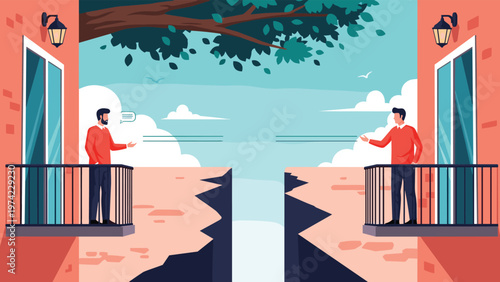 Neighbors standing on separate apartment balconies communicating across large distance during social distancing or lockdown period.