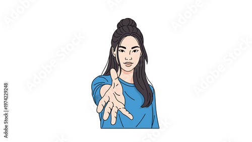 Portrait of a woman with long dark hair extending her hand in a welcoming and supportive gesture towards the camera.