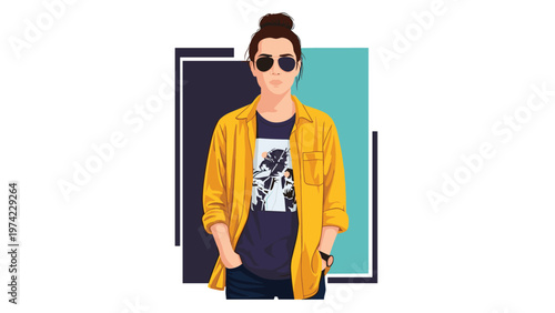Stylish young man with top knot hairstyle wearing yellow shirt and sunglasses standing confidently against abstract geometric background.
