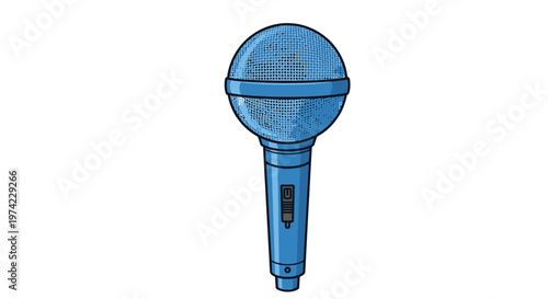 Blue microphone with handle closeup.