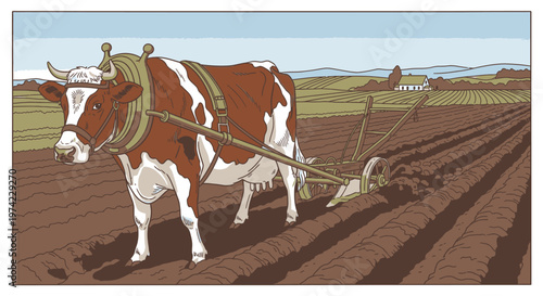 Brown and white oxen plowing field.
