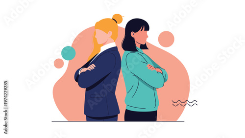 Two diverse professional women standing back to back with crossed arms symbolizing strong partnership, mutual support, and teamwork.