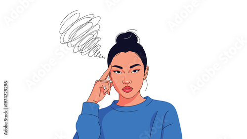Concerned young woman touching temple and looking forward with messy scribbled lines above her head representing stress and confusion.