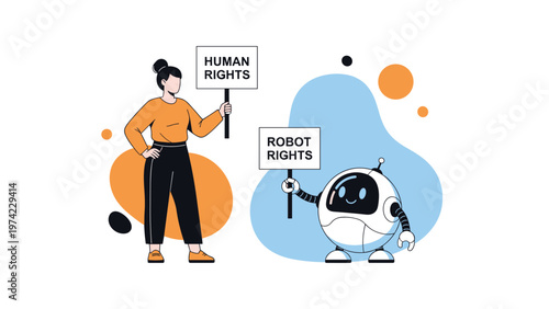 Woman and small robot standing together holding signs for human rights and robot rights representing future social equality debates.