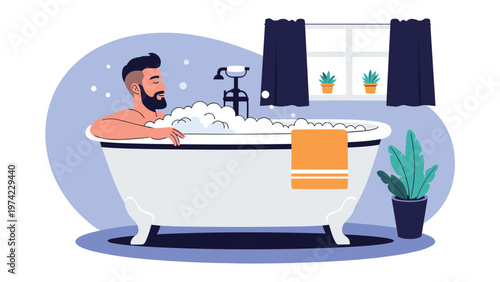 Man with a beard enjoying a peaceful bath in a classic white clawfoot tub filled with fluffy soap bubbles in a bathroom.