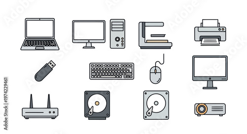 Collection of modern computer hardware and electronic devices outline icons with usb drive hard drive line art white background computer hardware technology electronic keyboard projector