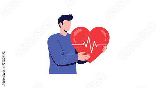 Man holding a large red heart with a white pulse line to represent heart health, love, and medical care for the body.
