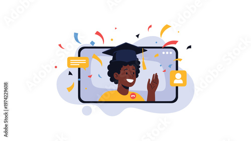 Happy young black graduate wearing a mortarboard and waving during an online celebration on a tablet screen with confetti.