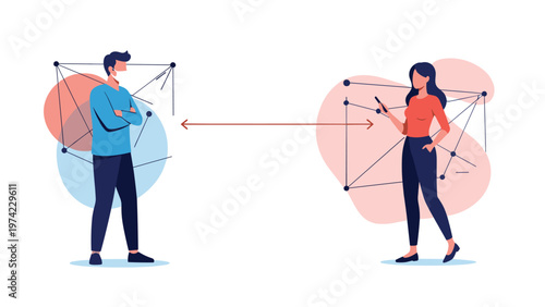 Man and woman maintaining a safe physical distance while connected through a complex digital network of lines and dots.