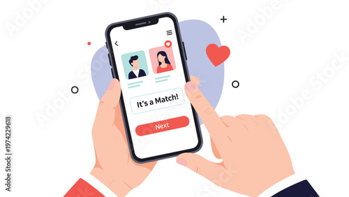 Close up of hands holding smartphone with mobile dating application screen displaying successful match notification message.
