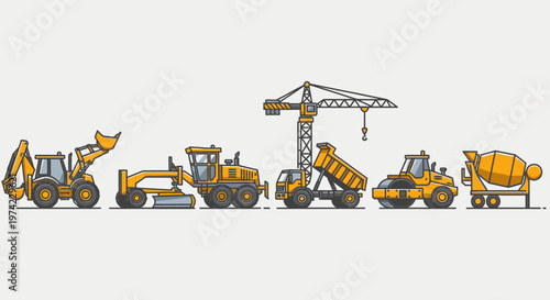 Heavy construction vehicles in a row 5.