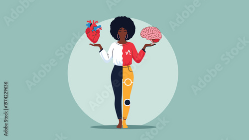 Young black woman balancing a realistic human heart and a brain in her hands to represent the harmony between emotion and logic.