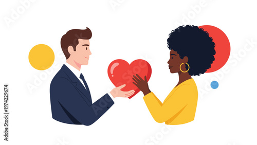 Happy diverse couple in professional attire holding large red heart symbol together representing love, partnership, and mutual support.