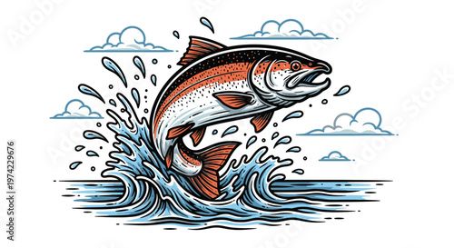 Large Salmon Fish Jumping Out Water.