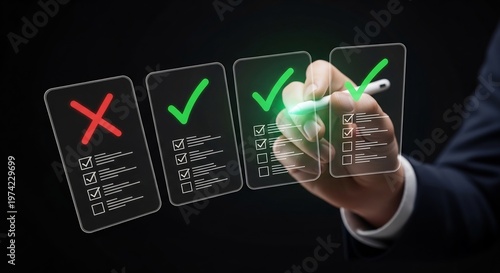 Businessman selecting virtual checklist card with green checkmark over red cross, quality assessment, decision making, approval concept