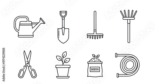 Set of line art icons depicting essential gardening tools and supplies like a watering can shovel rake shears potted plant soil bag garden hose with equipment scissors supplies activity