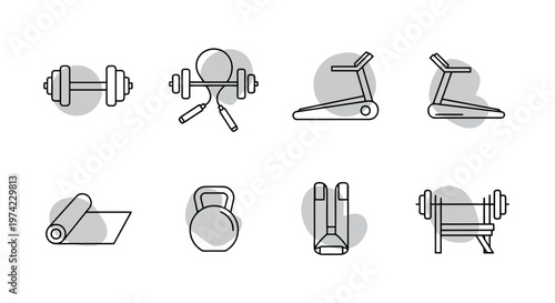 Outline icons of gym and fitness equipment for workout and exercise with jumping rope yoga mat parallel bars weight bench line art white background equipment exercise dumbbell kettlebell