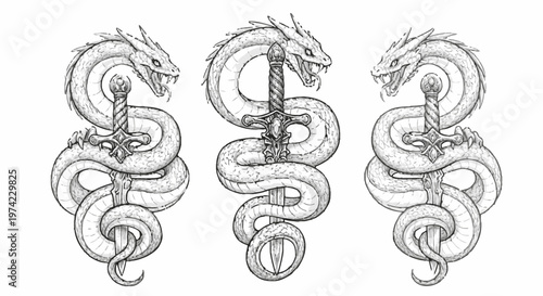 Three snakes wrapped around swords.