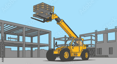 Yellow construction telescopic handler lifting pallet.