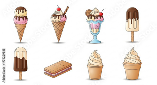 A colorful vector illustration of various ice cream treats and desserts