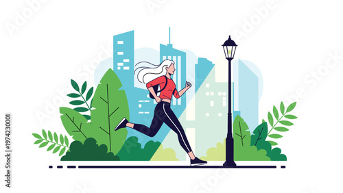 Active young woman enjoying a morning run through a modern city park with skyscrapers and lush green plants in the background.