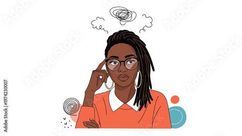 Thoughtful black woman with glasses and dreadlocks pondering complex ideas with scribbled thought bubbles above her head.